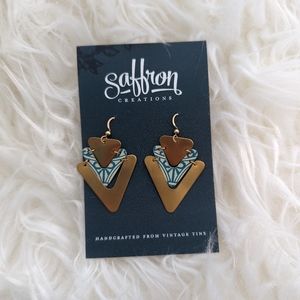 Saffron Creations Vintage Tin Handmade Brass Earrings Blue Chevron Tiered